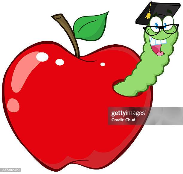 illustrazioni stock, clip art, cartoni animati e icone di tendenza di happy graduate worm in apple - baco