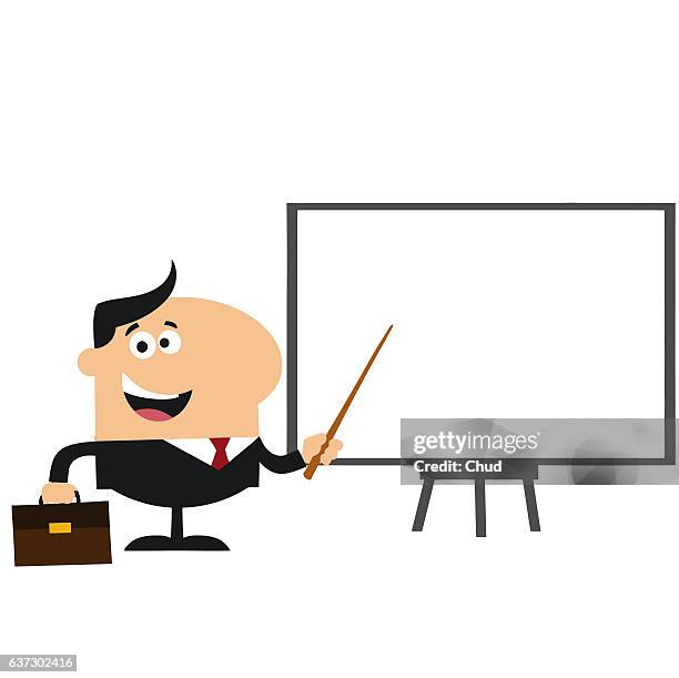 manager pointing to a white board - business meeting stock illustrations
