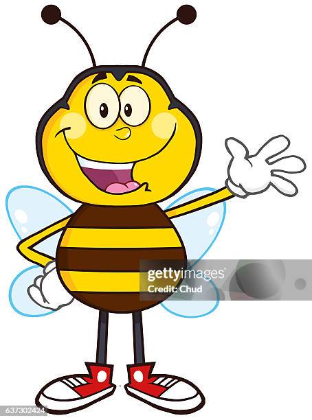 happy bee cartoon mascot character waving - マルハナバチ点のイラスト素材／クリップアート素材／マンガ素材／アイコン素材