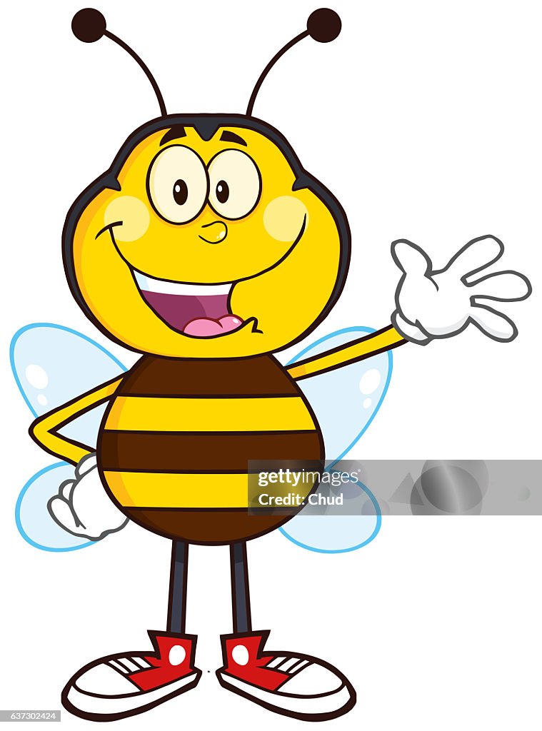 Happy Bee Cartoon Mascot Character Waving High-Res Vector Graphic - Getty  Images