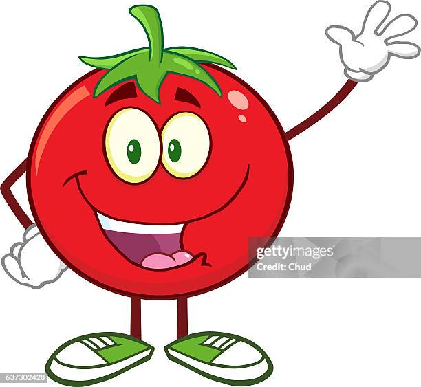 ilustraciones, imágenes clip art, dibujos animados e iconos de stock de happy tomato cartoon mascot character waving - tomate