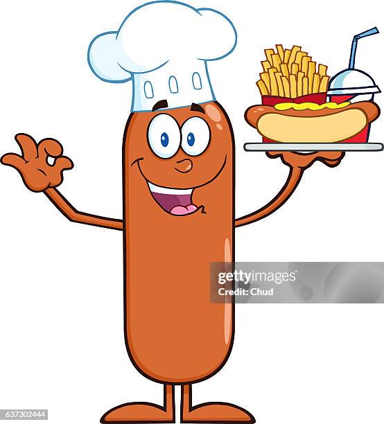 chef sausage cartoon character carrying a hot dog, french fries and cola - bratwurst stock-grafiken, -clipart, -cartoons und -symbole