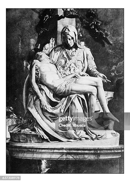 antique dotprinted photographs of italy: pietà di michelangelo - vatican city stock illustrations