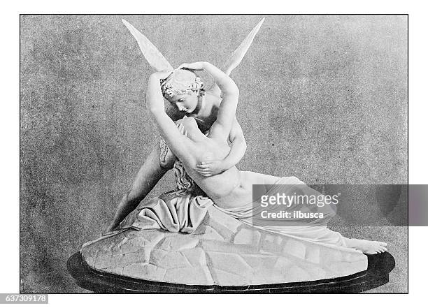 stockillustraties, clipart, cartoons en iconen met antique dotprinted photographs of italy: amore e psiche (canova) - cupid