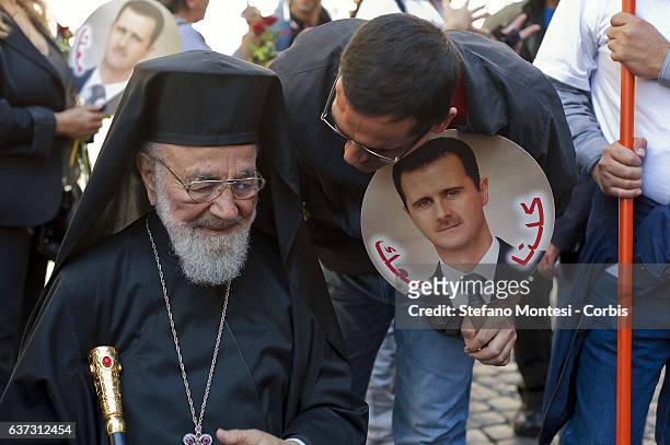 Hilarion Capucci archbishop of Caesarea for the Melkite Greek Catholic Church during the demonstration supporting the regime of Syrian President...