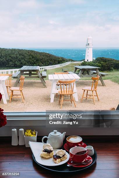 a  cafe's afternoon tea set in cape otway lighthouse with the woods and the sea - melbourne food stock pictures, royalty-free photos & images