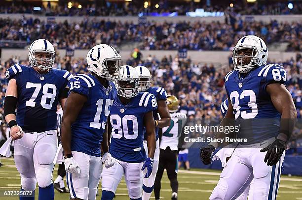 Dwayne Allen of the Indianapolis Colts celebrates a touchdown during a game against the Jacksonville Jaguars at Lucas Oil Stadium on January 1, 2017...