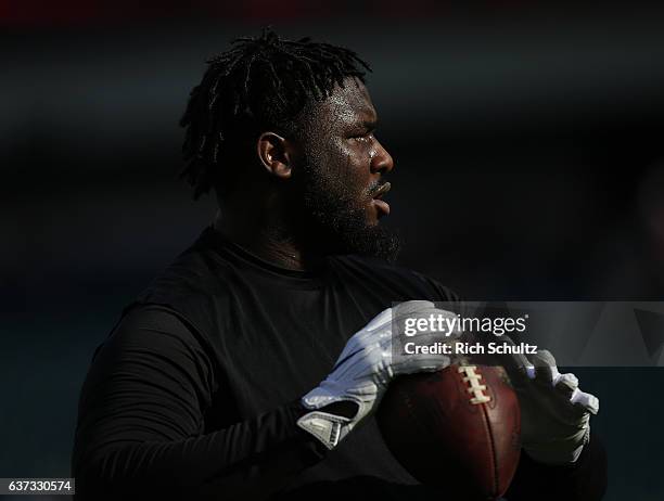 Bennie Logan of the Philadelphia Eagles warms up before a game against the Dallas Cowboys at Lincoln Financial Field on January 1, 2017 in...