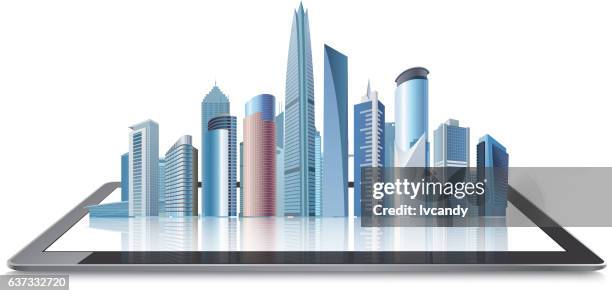 virtual buildings on tablet - general view stock illustrations