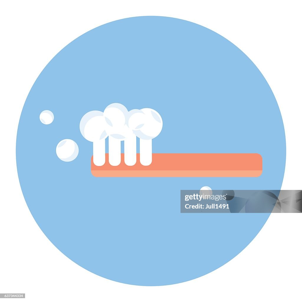 Red toothbrush with toothpaste and foam. Round icon