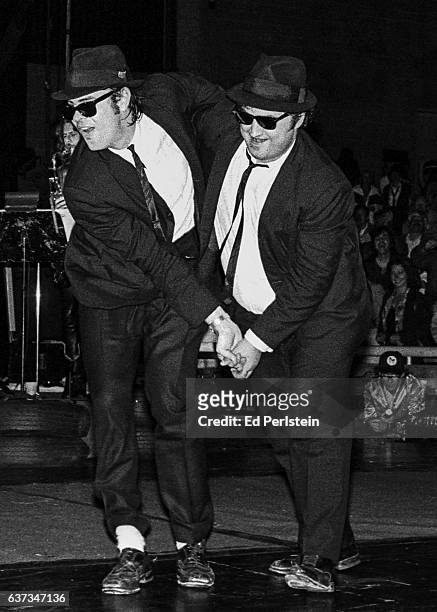 Dan Aykroyd and John Belushi of The Blues Brothers perform at Concord Pavilion on July 31, 1980 in Concord, California.