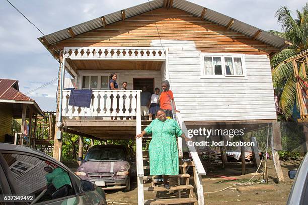 series:hounduran family on steps of shanty village home in roatan - honduras stock pictures, royalty-free photos & images