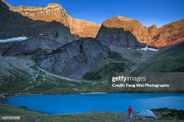 lone hiker watching sunrise at cracker lake, many glacier, glacier national park, montana, usa - parque nacional glacier fotografías e imágenes de stock