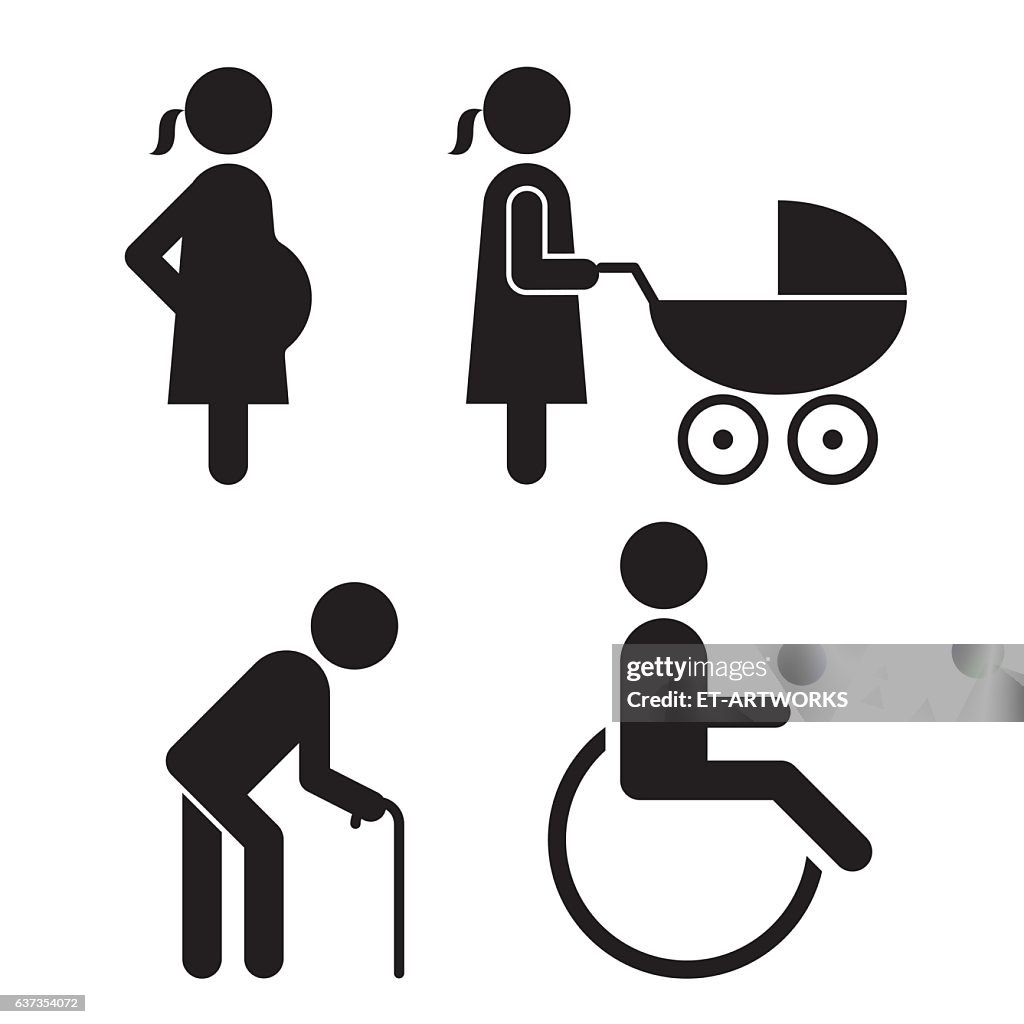 Grávida, carrinho de bebê, bengala e ícones de cadeira de rodas