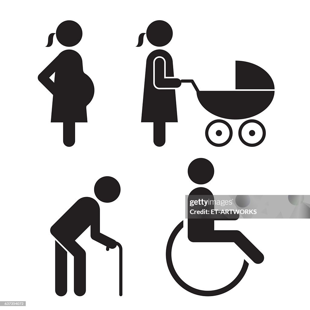 Pregnant, baby carriage, Walking stick and wheelchair Icons