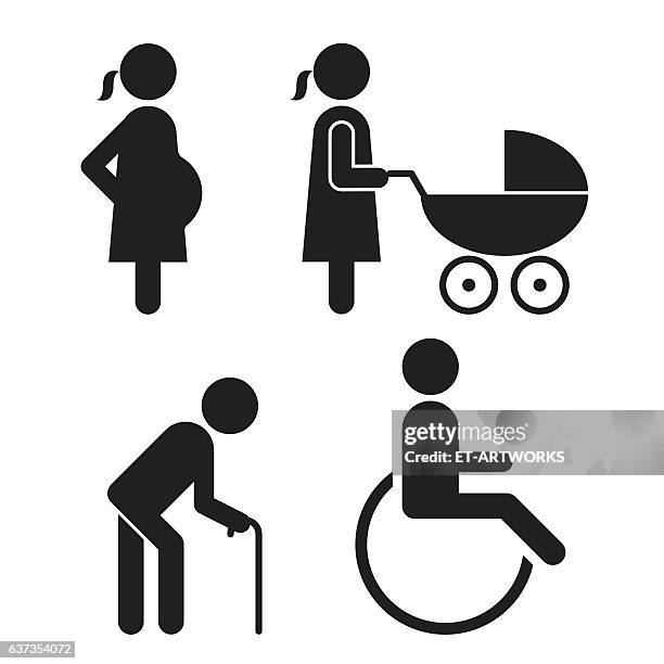 pregnant, baby carriage, walking stick and wheelchair icons - baby pram stock illustrations