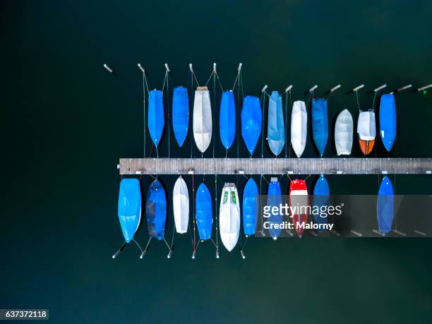 boats moored at dock or jetty top view, view from above, aerial view - moored stock pictures, royalty-free photos & images