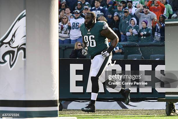 Bennie Logan of the Philadelphia Eagles is introduced before taking on the Dallas Cowboys at Lincoln Financial Field on January 1, 2017 in...