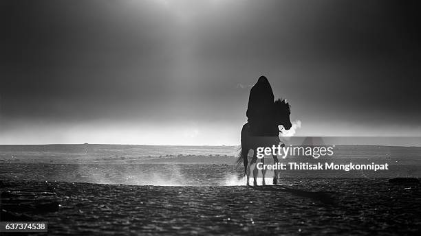 silhouette of horsemen during sunrise - bromo horse stock pictures, royalty-free photos & images