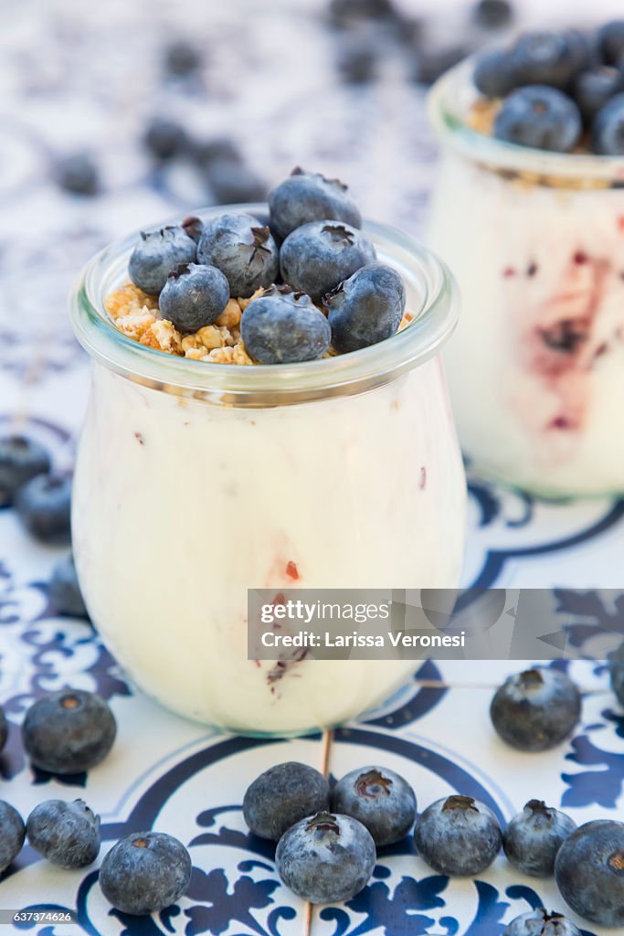 Yogurt with granola and blueberries