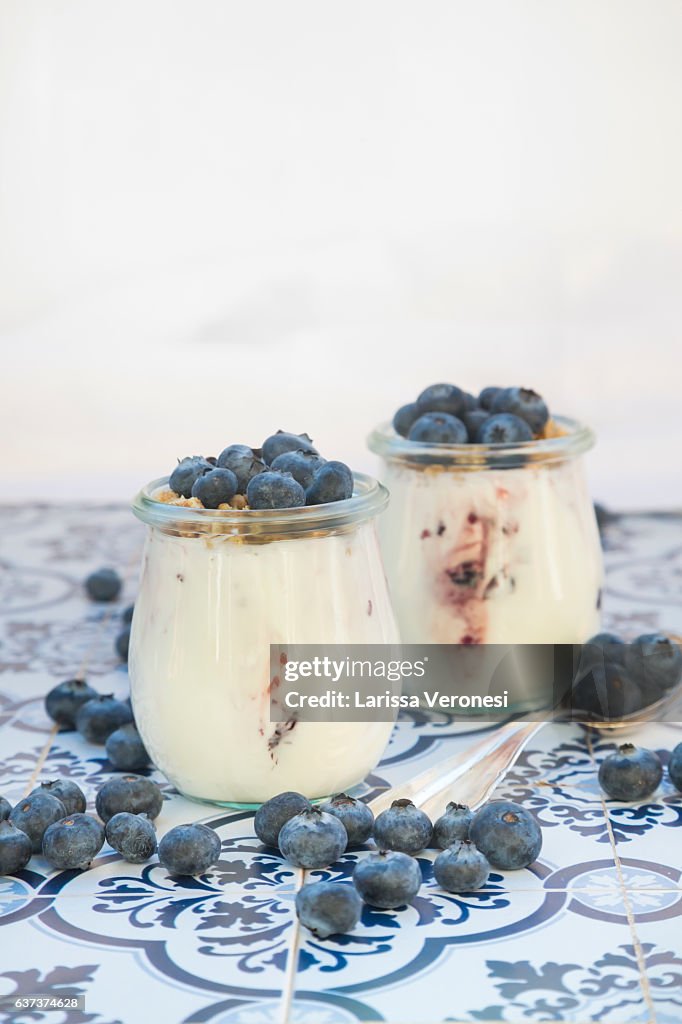 Yogurt with granola and blueberries