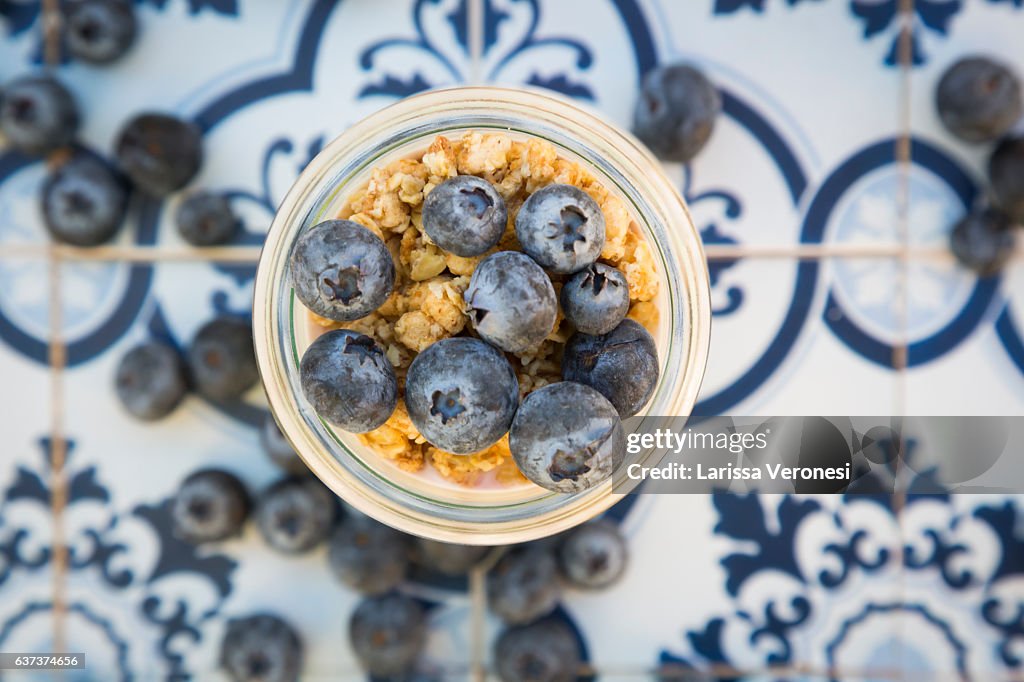 Yogurt with granola and blueberries