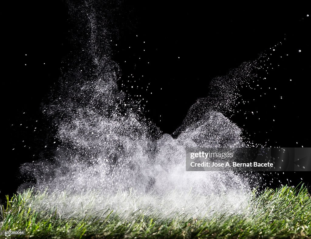 Explosion particles of white powder on a black background, when impacting an object on a grassy surface