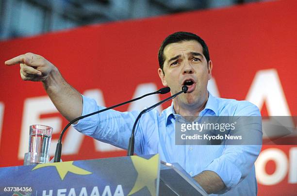 Greece - Alexis Tsipras, leader of Greece's radical leftist party Syriza, delivers a speech at a gathering in Athens on May 22 as European Union...