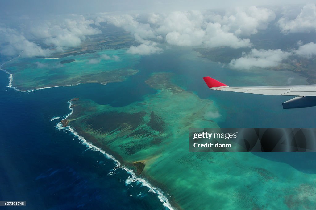 Mauritius beach island aerial view, beautiful colours