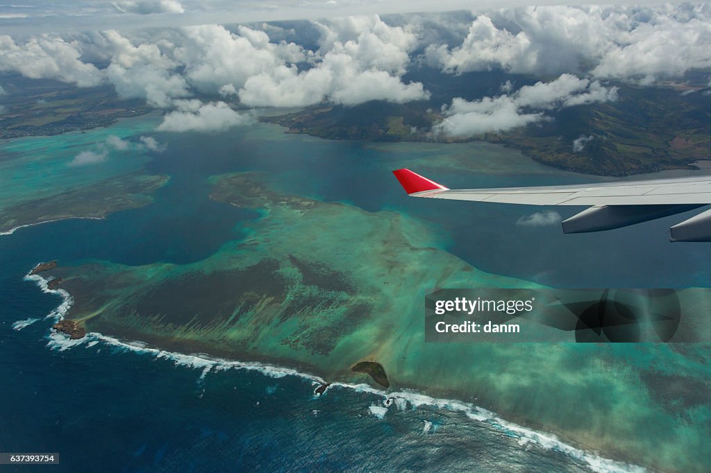 Mauritius beach island aerial view, beautiful colours