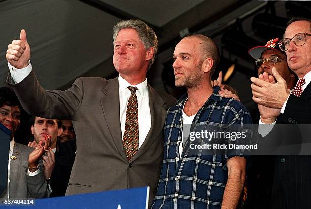 Atlanta President Bill Clinton, R.E.M.'s Michael Stipe and Senator Sam Nunn attend rally at Centennial Olympic Park in Atlanta Georgia November 18,...