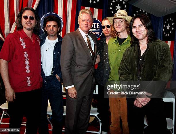 Atlanta Rock band Kracker - Kenny Margolis, Johnny Hickman, Johnny Hott, David Lowery, Bob Rupe and President Bill Clinton attend rally at Centennial...