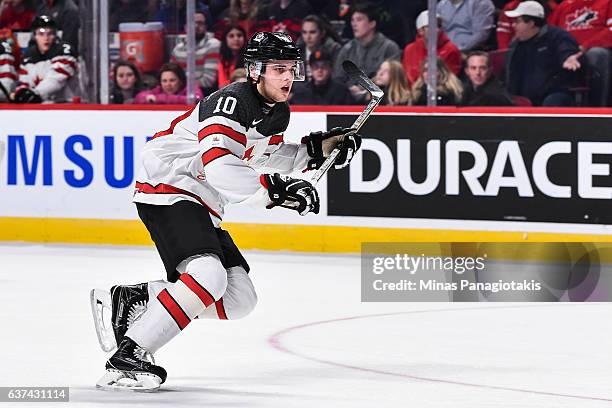 Kale Clague of Team Canada skates during the 2017 IIHF World Junior Championship quarterfinal game against Team Czech Republic at the Bell Centre on...