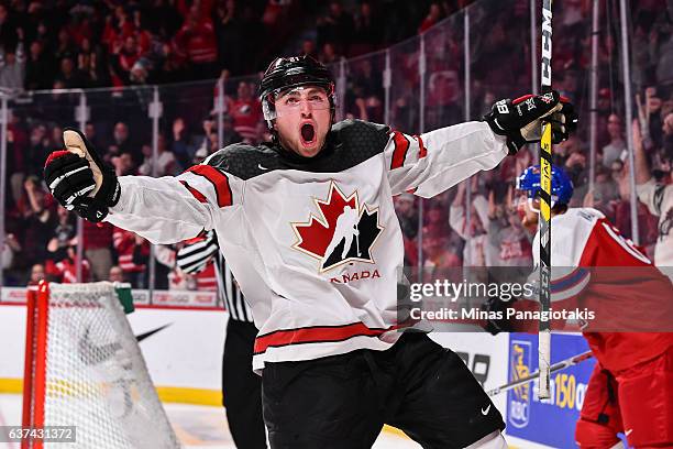 Blake Speers of Team Canada celebrates a second period goal during the 2017 IIHF World Junior Championship quarterfinal game against Team Czech...