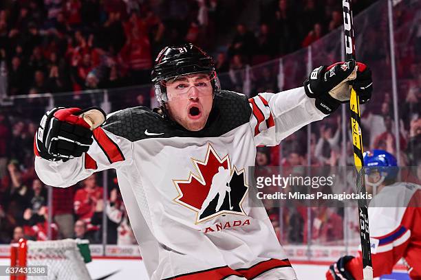 Blake Speers of Team Canada celebrates a second period goal during the 2017 IIHF World Junior Championship quarterfinal game against Team Czech...