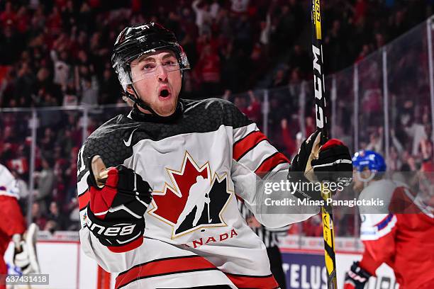 Blake Speers of Team Canada celebrates a second period goal during the 2017 IIHF World Junior Championship quarterfinal game against Team Czech...