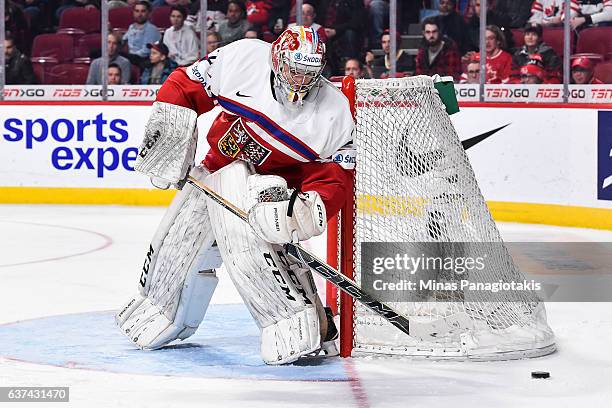 Jakub Skarek of Team Czech Republic looks to play the puck during the 2017 IIHF World Junior Championship quarterfinal game against Team Canada at...
