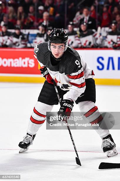 Dillon Dube of Team Canada looks on during the 2017 IIHF World Junior Championship quarterfinal game against Team Czech Republic at the Bell Centre...