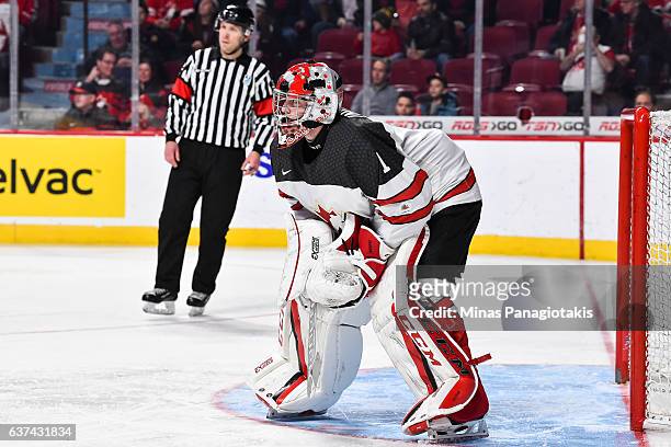Connor Ingram of Team Canada looks on during the 2017 IIHF World Junior Championship quarterfinal game against Team Czech Republic at the Bell Centre...
