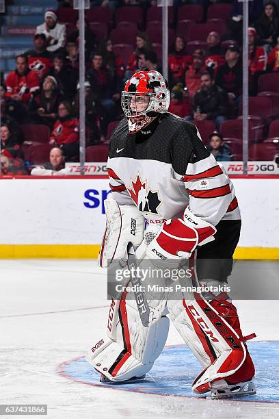 Connor Ingram of Team Canada looks on during the 2017 IIHF World Junior Championship quarterfinal game against Team Czech Republic at the Bell Centre...