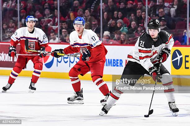 Blake Speers of Team Canada skates the puck during the 2017 IIHF World Junior Championship quarterfinal game against Team Czech Republic at the Bell...