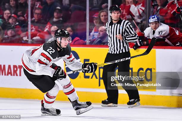 Anthony Cirelli of Team Canada skates during the 2017 IIHF World Junior Championship quarterfinal game against Team Czech Republic at the Bell Centre...