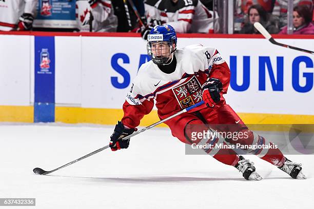 Dante Fabbro of Team Canada skates during the 2017 IIHF World Junior Championship quarterfinal game against Team Czech Republic at the Bell Centre on...