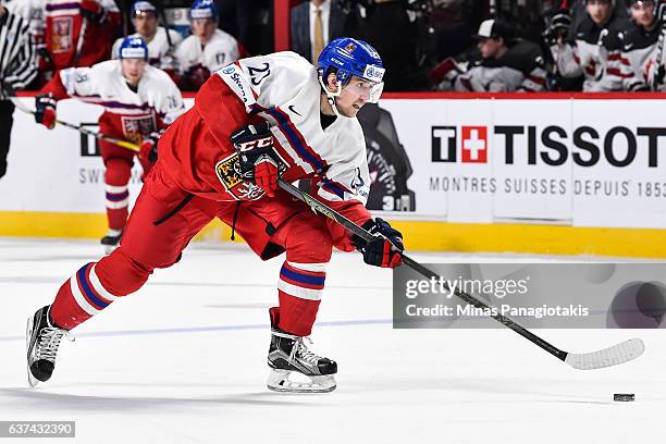 Simon Stransky of Team Czech Republic skates the puck during the 2017 IIHF World Junior Championship quarterfinal game against Team Canada at the...