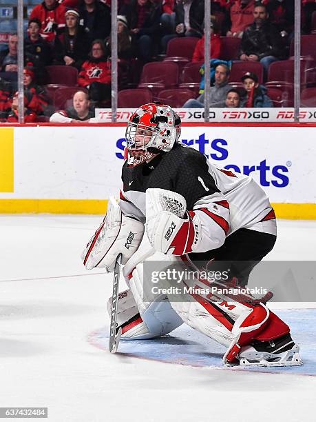 Connor Ingram of Team Canada gets into position to defend his net during the 2017 IIHF World Junior Championship quarterfinal game against Team Czech...