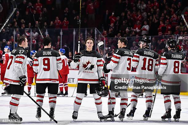 Members of Team Canada acknowledge the fans during the 2017 IIHF World Junior Championship quarterfinal game against Team Czech Republic at the Bell...