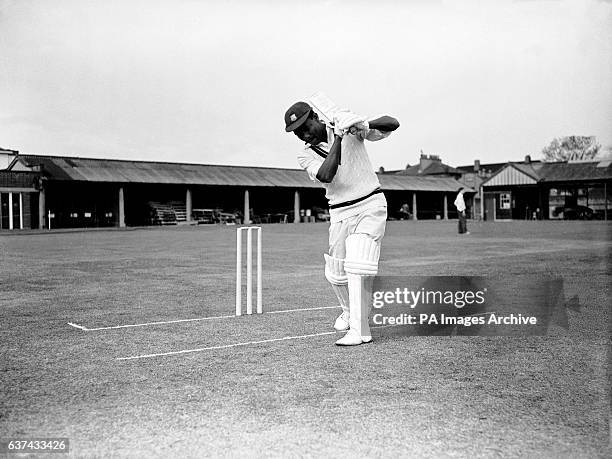 West Indies' Everton Weekes practises his batting