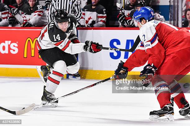 Mathew Barzal of Team Canada takes a shot during the 2017 IIHF World Junior Championship quarterfinal game against Team Czech Republic at the Bell...