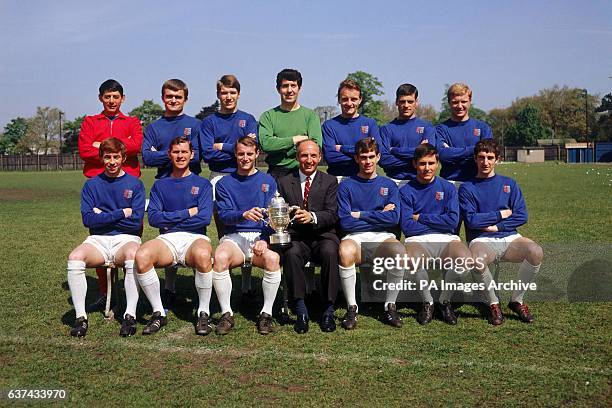 Ipswich Town with the Second Division Championship trophy, won in 1967-68: Sammy Chung, Bobby Hunt, Derek Jefferson, Ken Hancock, Billy Houghton,...