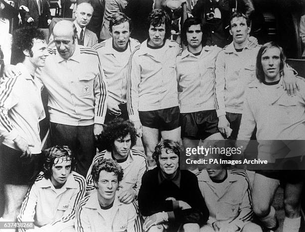 European Champions West Germany pictured after their 3-0 victory over USSR: Franz Beckenbauer, Coach Helmut Schon, Georg Schwarzenbeck, Jupp...